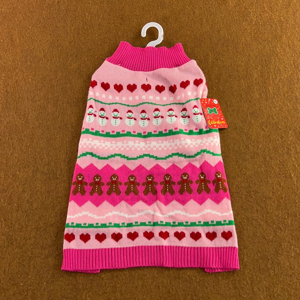 Buttons & Bones Pet XL Pink Holiday Fair Isle Snowman Gingerbread Dog Sweater